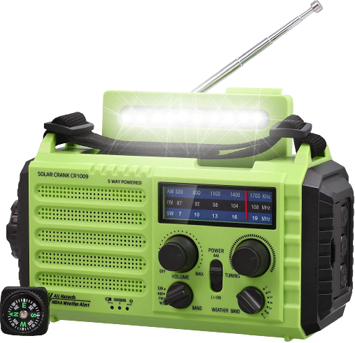 Lights, batteries and radio with a solar-powered battery charger